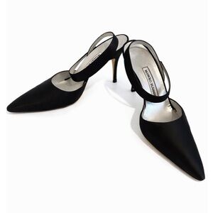 MANOLO BLAHNIK - Restored Black Satin 3.5” Ankle Strap Heel - 39